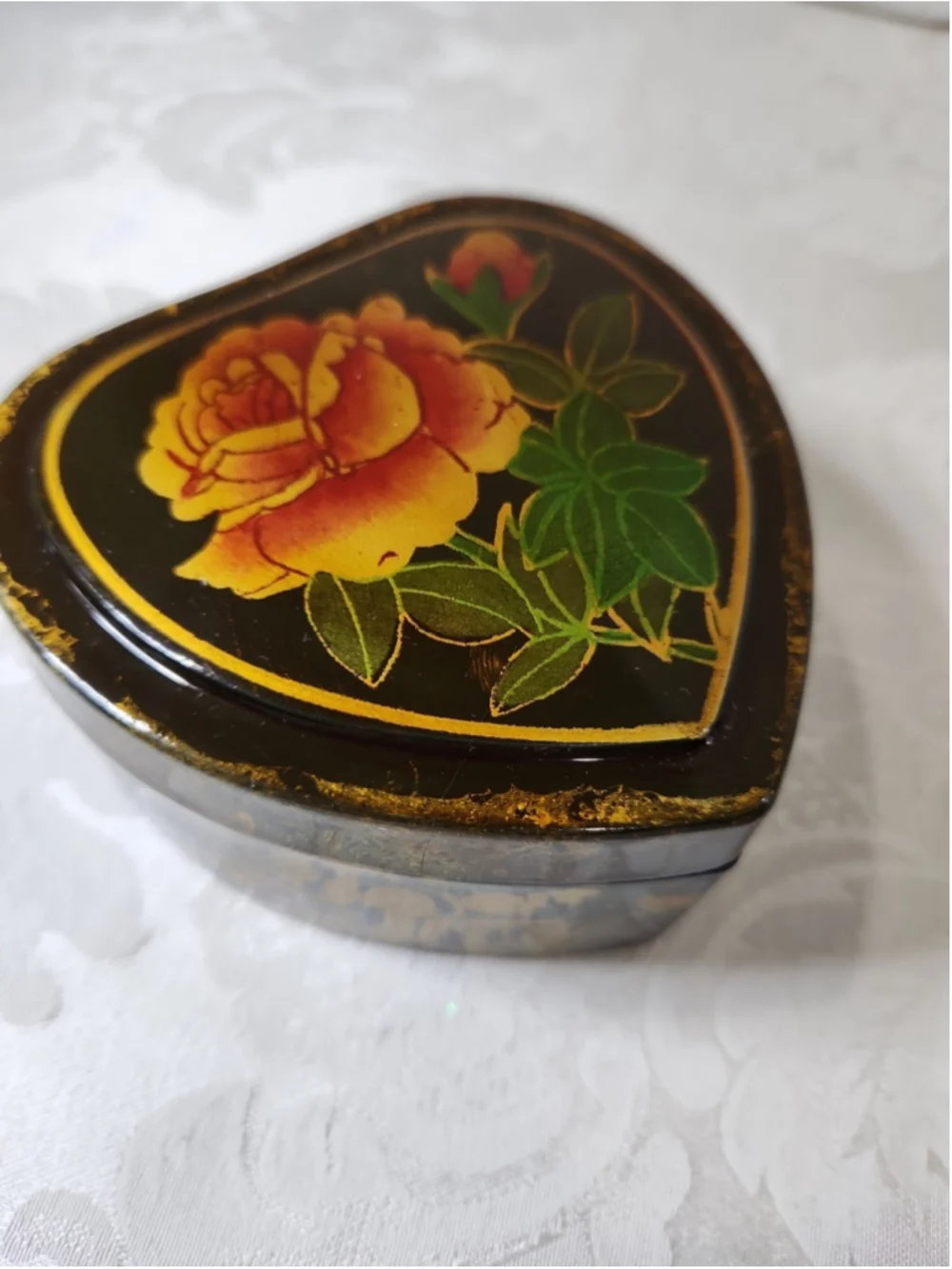 Vintage Chinese Black Lacquer Heart Trinket Box, Hand-Painted Roses 3.5”